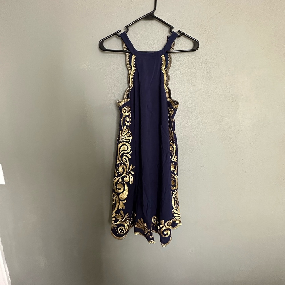 Lilly Pulitzer Blue and Gold Halter Mini Sundress